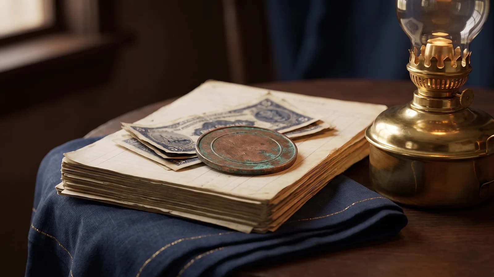 A large copper token on 1830s ledgers beside an oil lamp