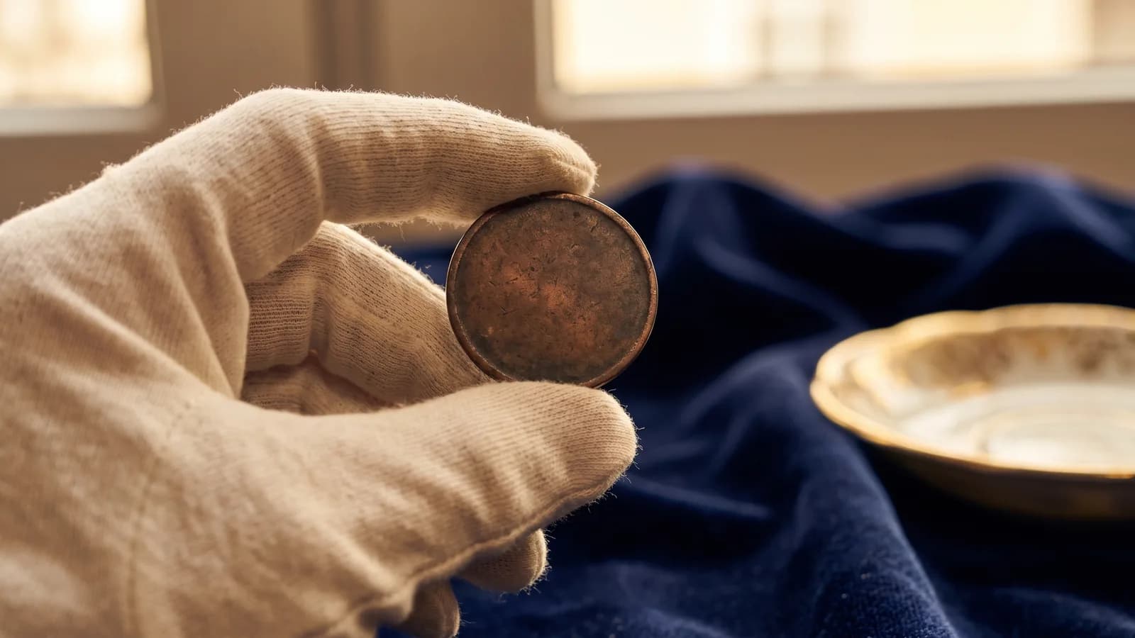 A large copper token held in a gloved hand