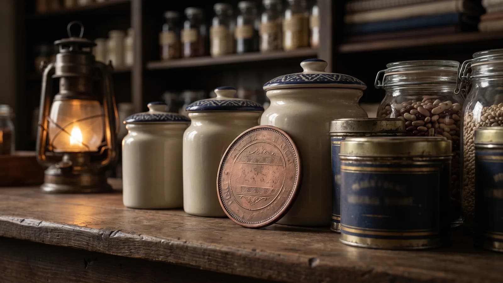 A token among period tins and dry-goods jars