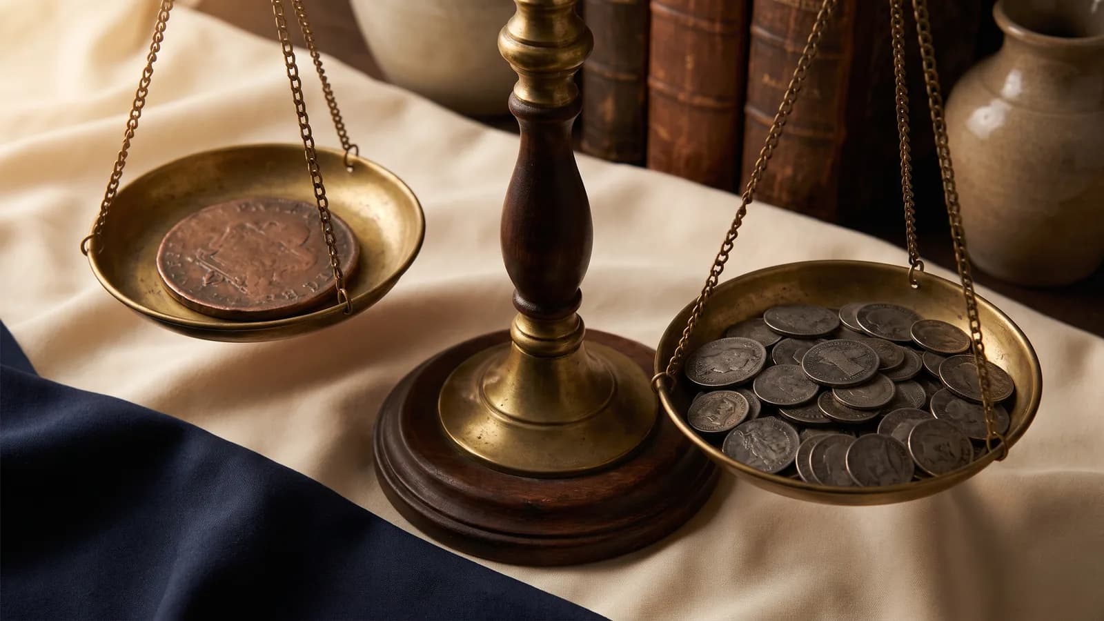 A large copper token on a balance scale with old coins