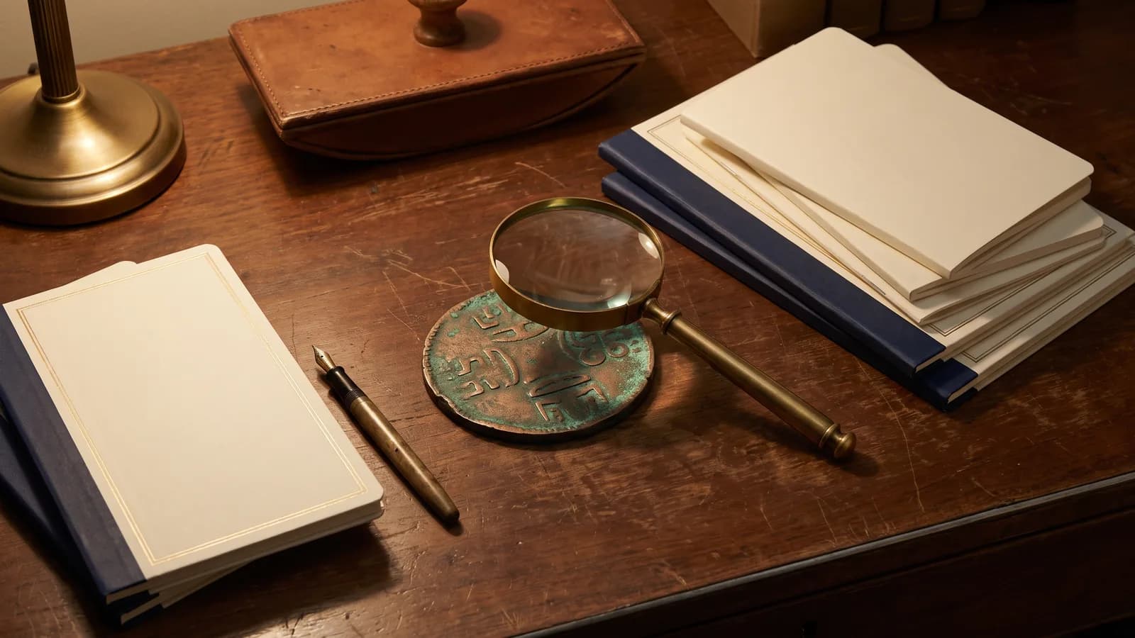 A loupe over a large copper token on a desk