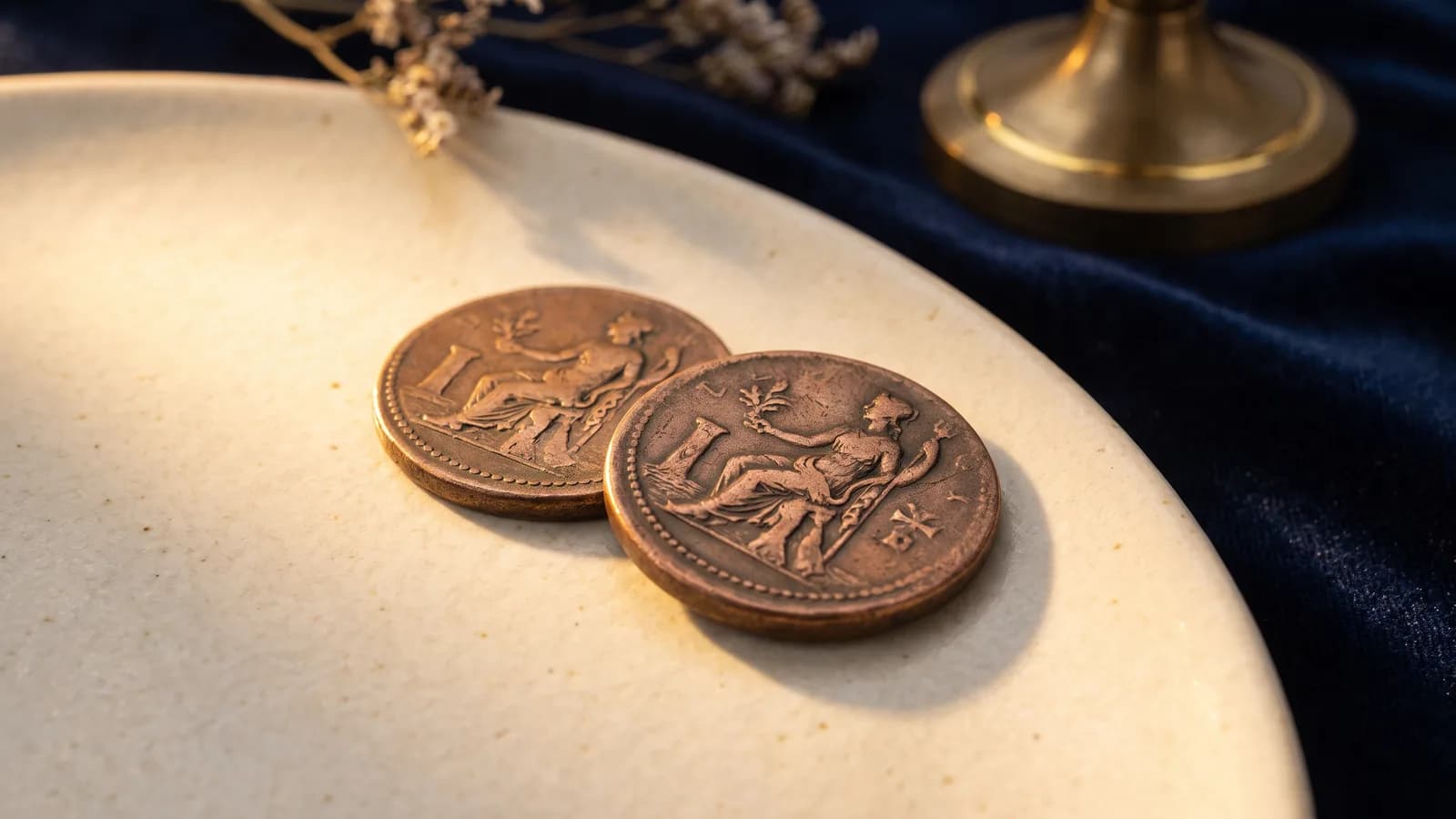 Two copper coins on a split light and dark surface