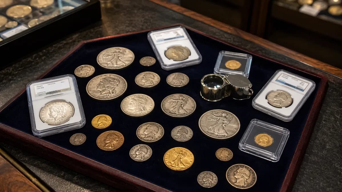 A local coin shop counter with display cases of certified coins and bullion