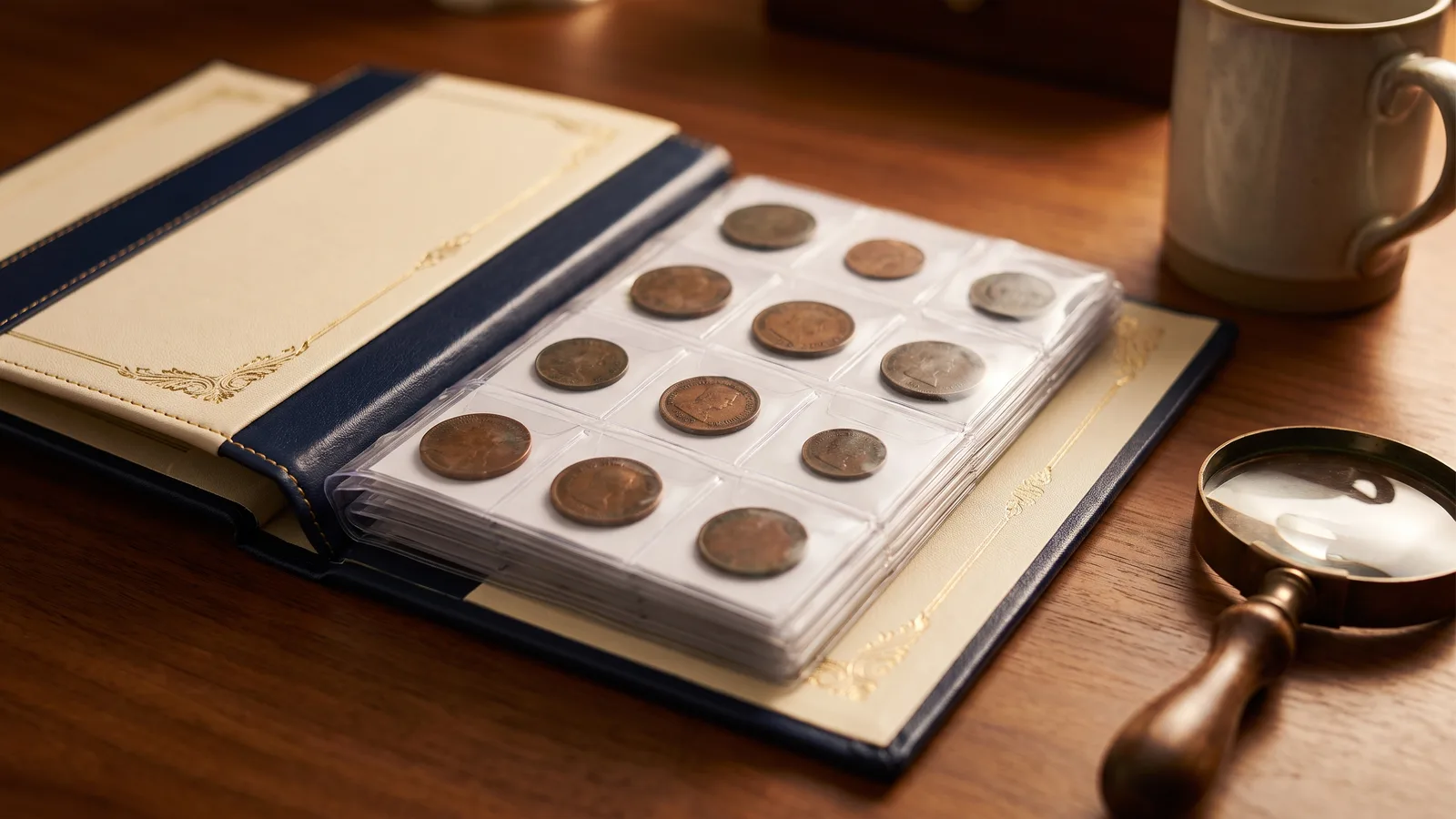 An open collector album with tokens in clear pockets