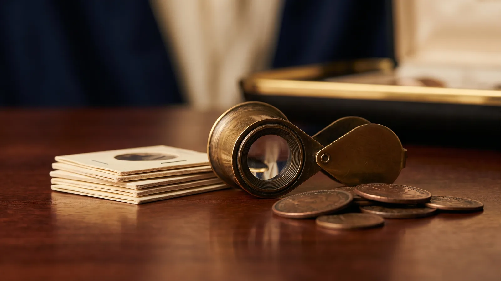 A loupe and paper flips beside a group of tokens