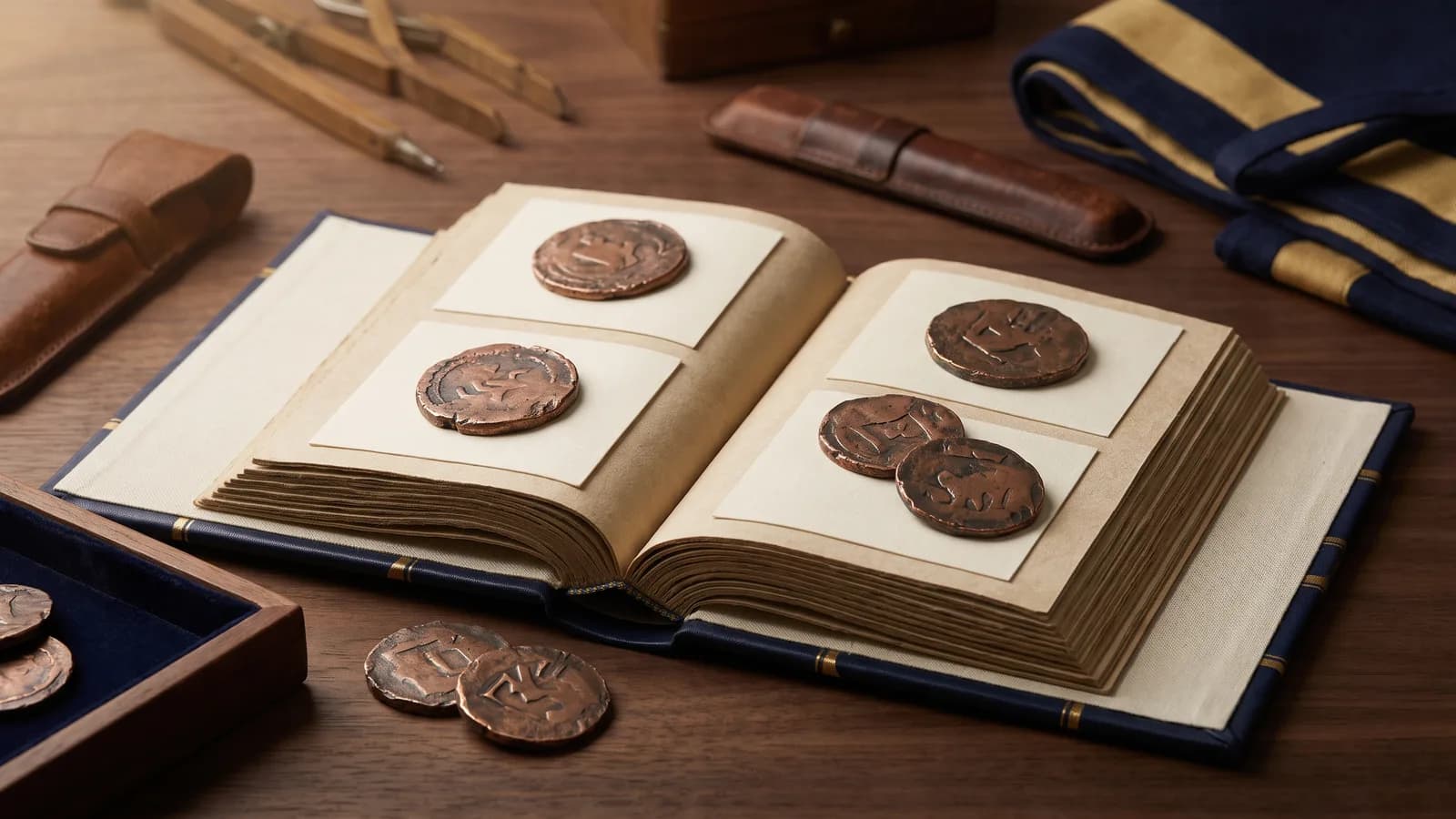 An album of large copper tokens on a desk