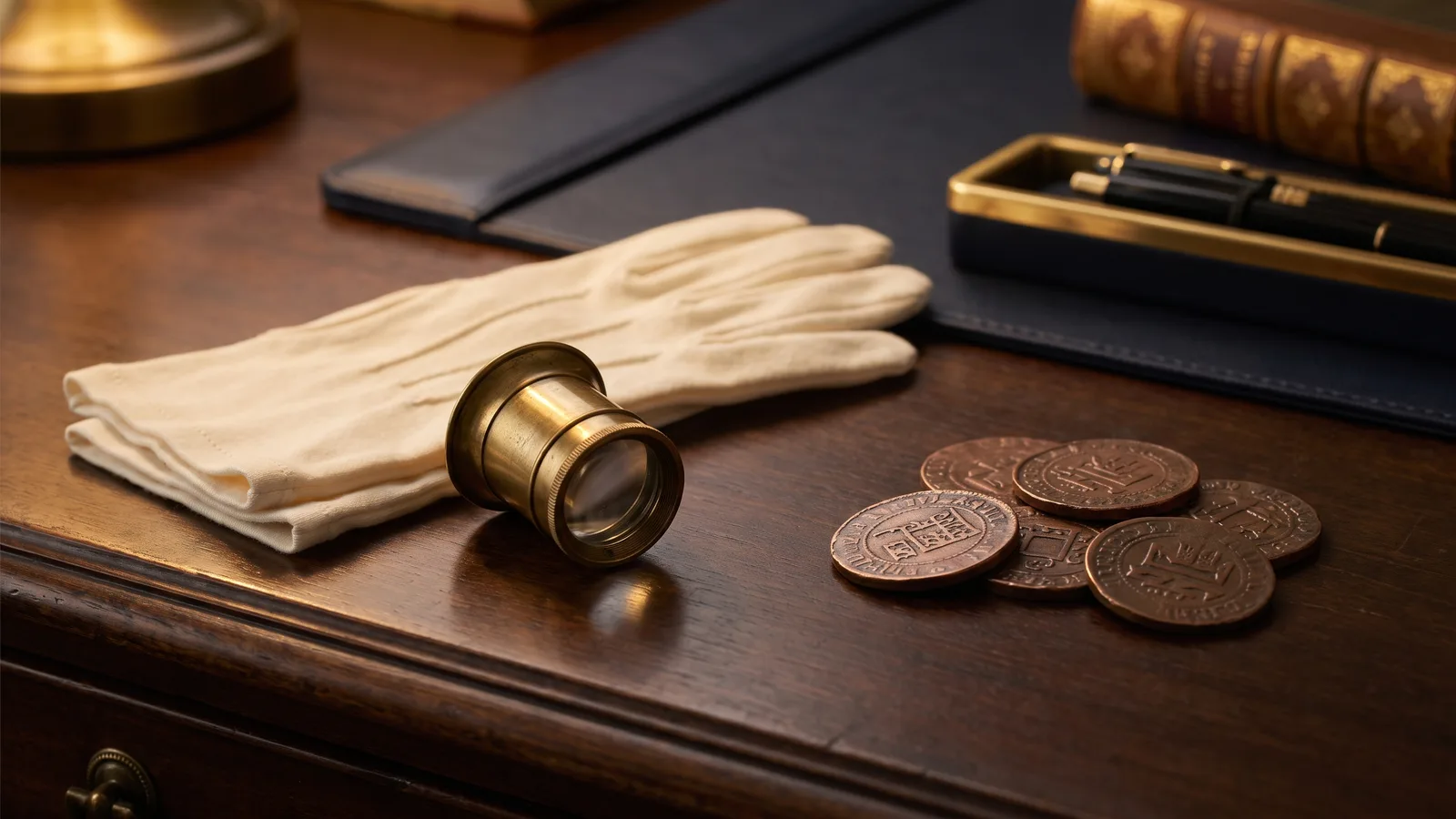 A loupe and cotton gloves beside a group of tokens