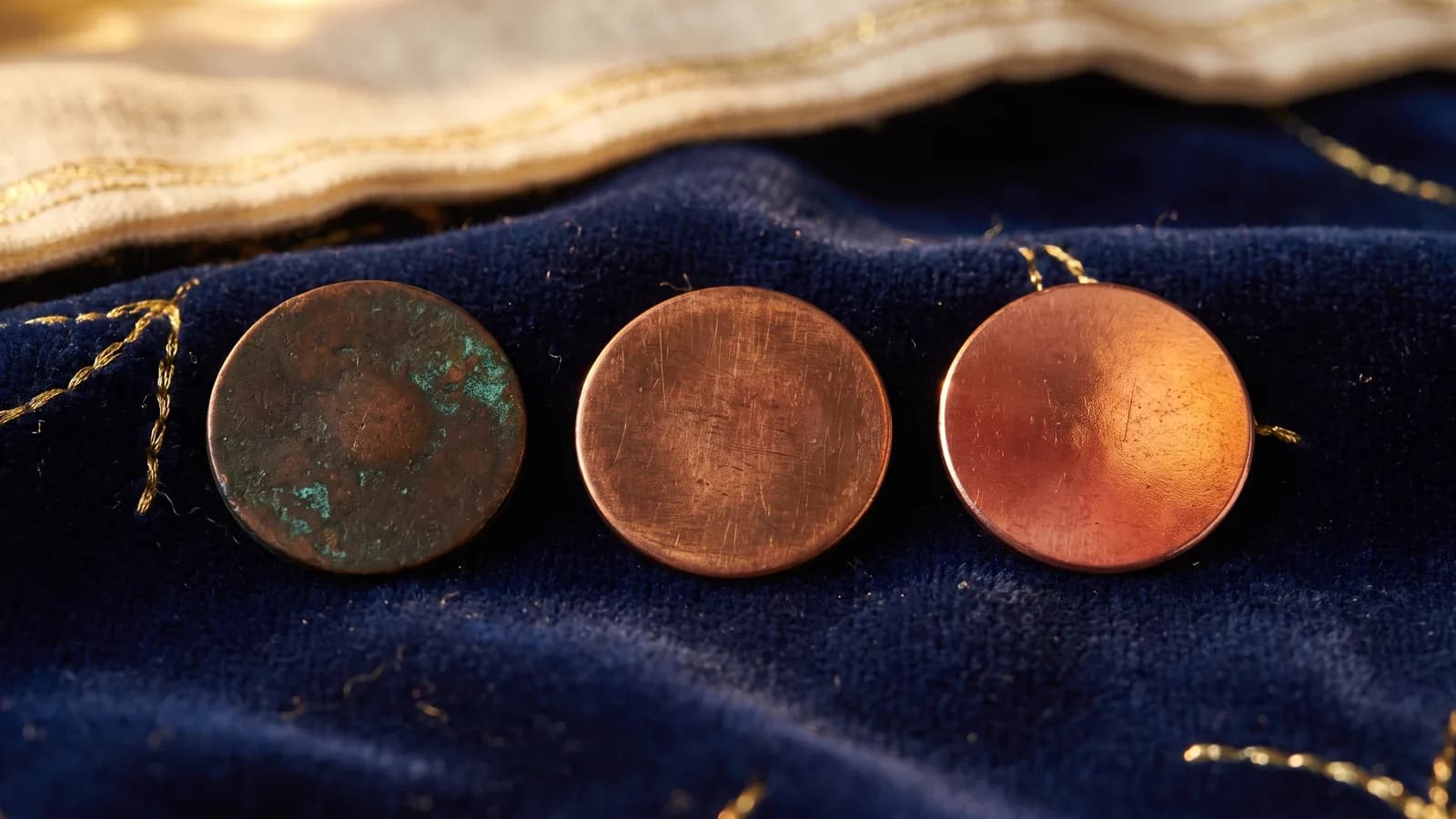 Three copper tokens showing brown to red color side by side