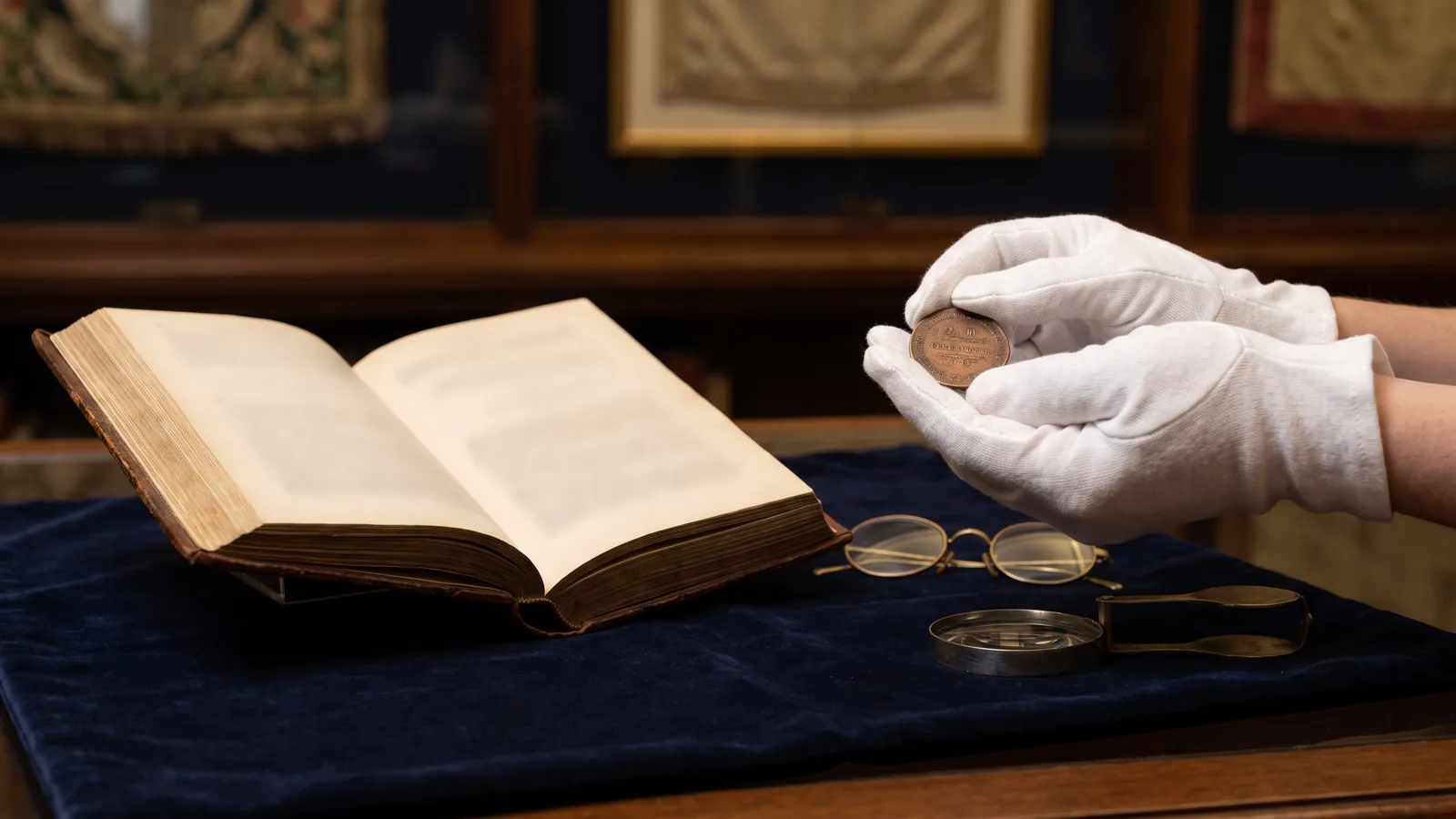Gloved hands holding a token beside an open reference book