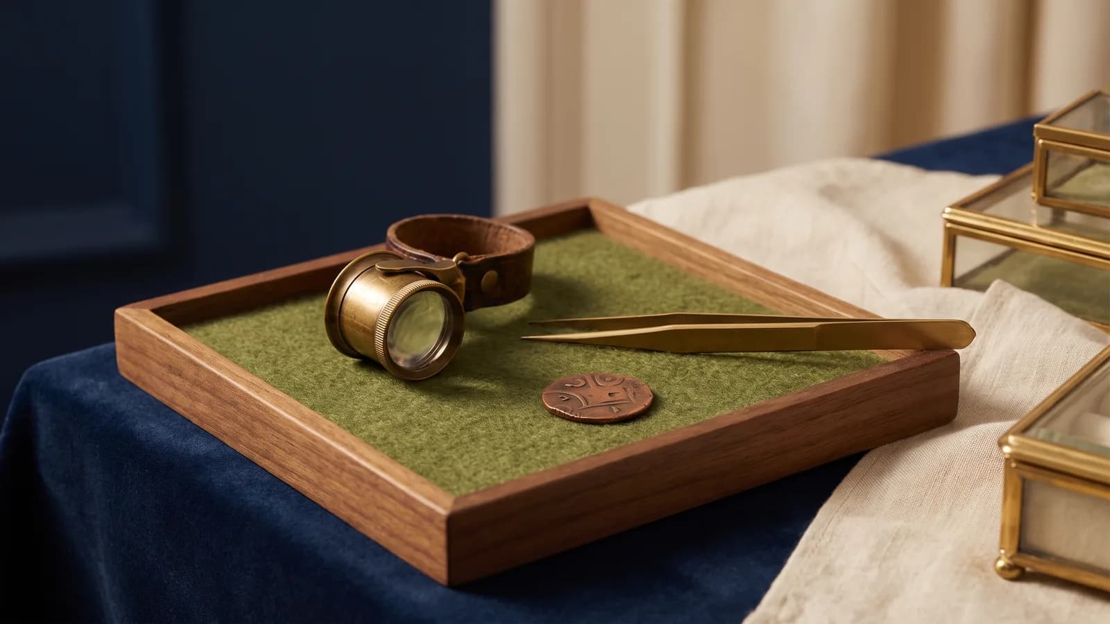 A loupe, tweezers and a token on a felt attribution tray