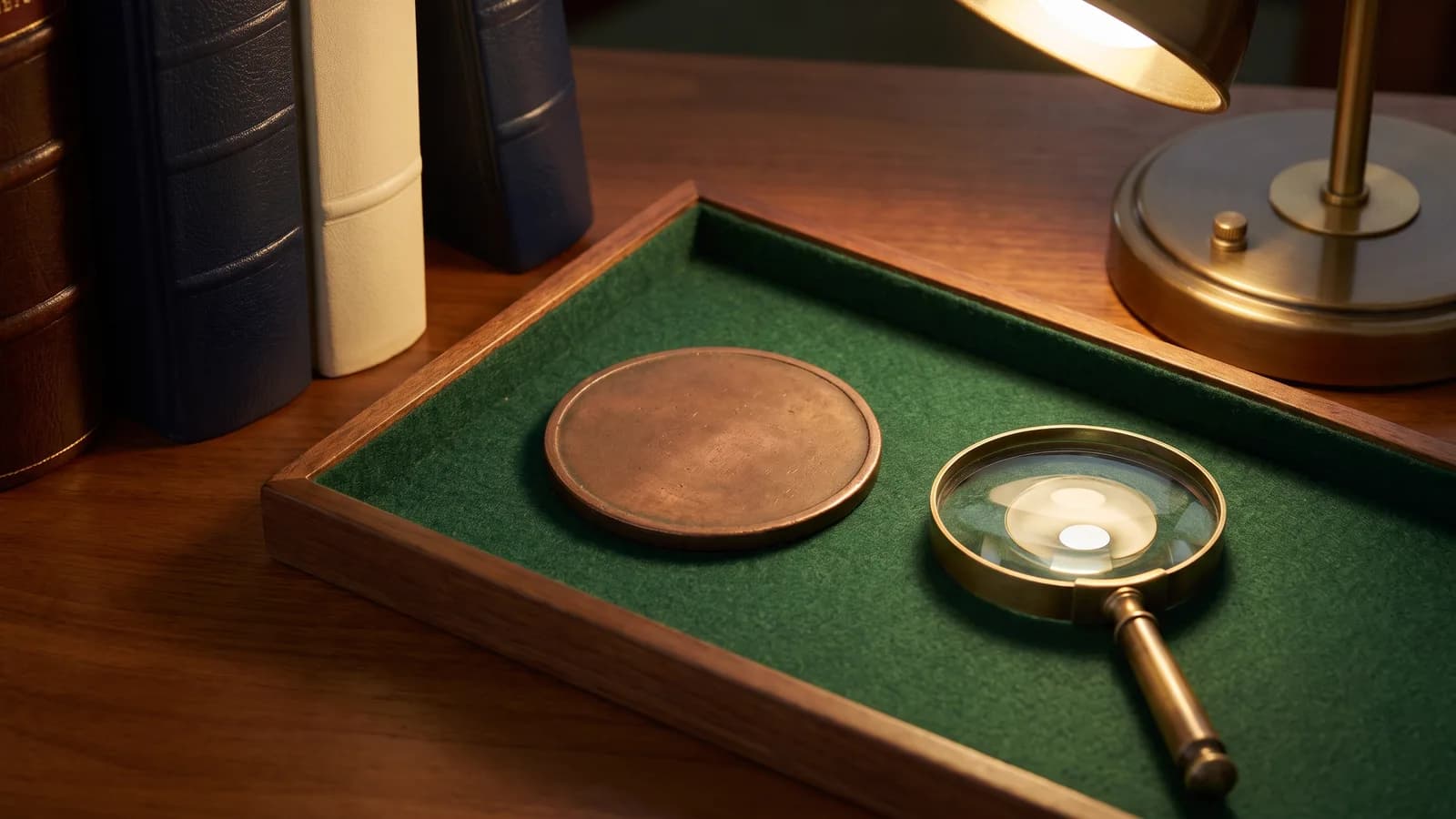 A large token and a magnifier on a felt tray