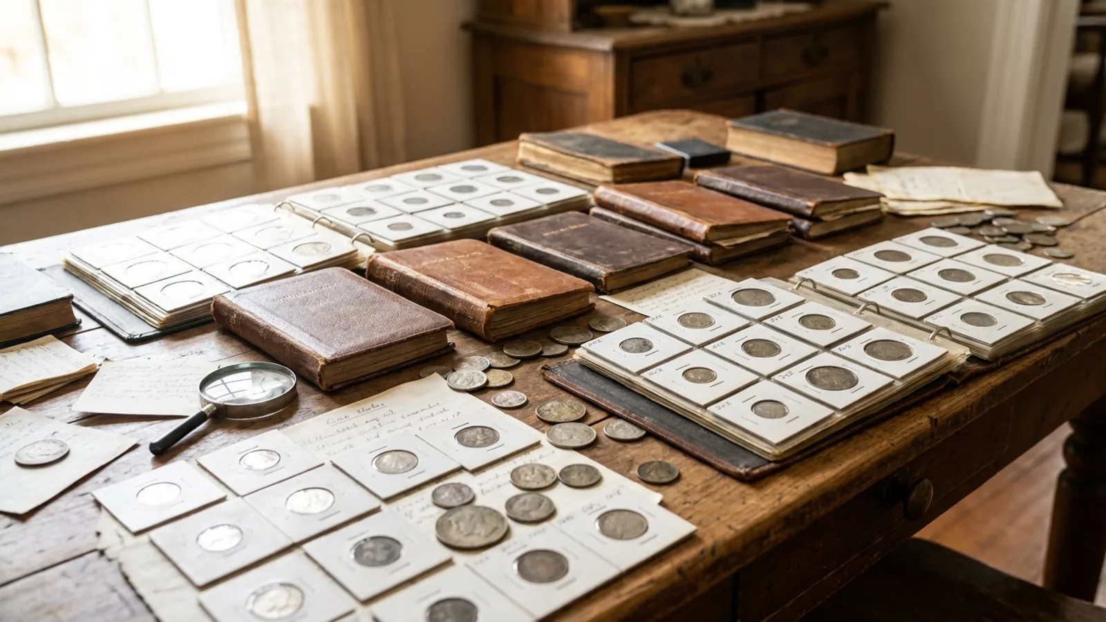 An inherited coin collection laid out in albums and holders for inventory