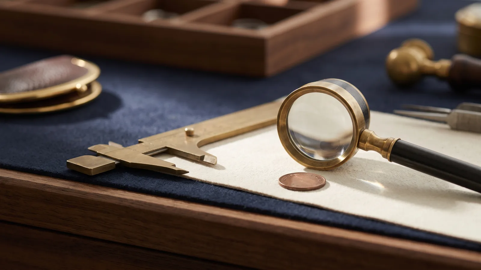 A token under a loupe with brass calipers on a bench