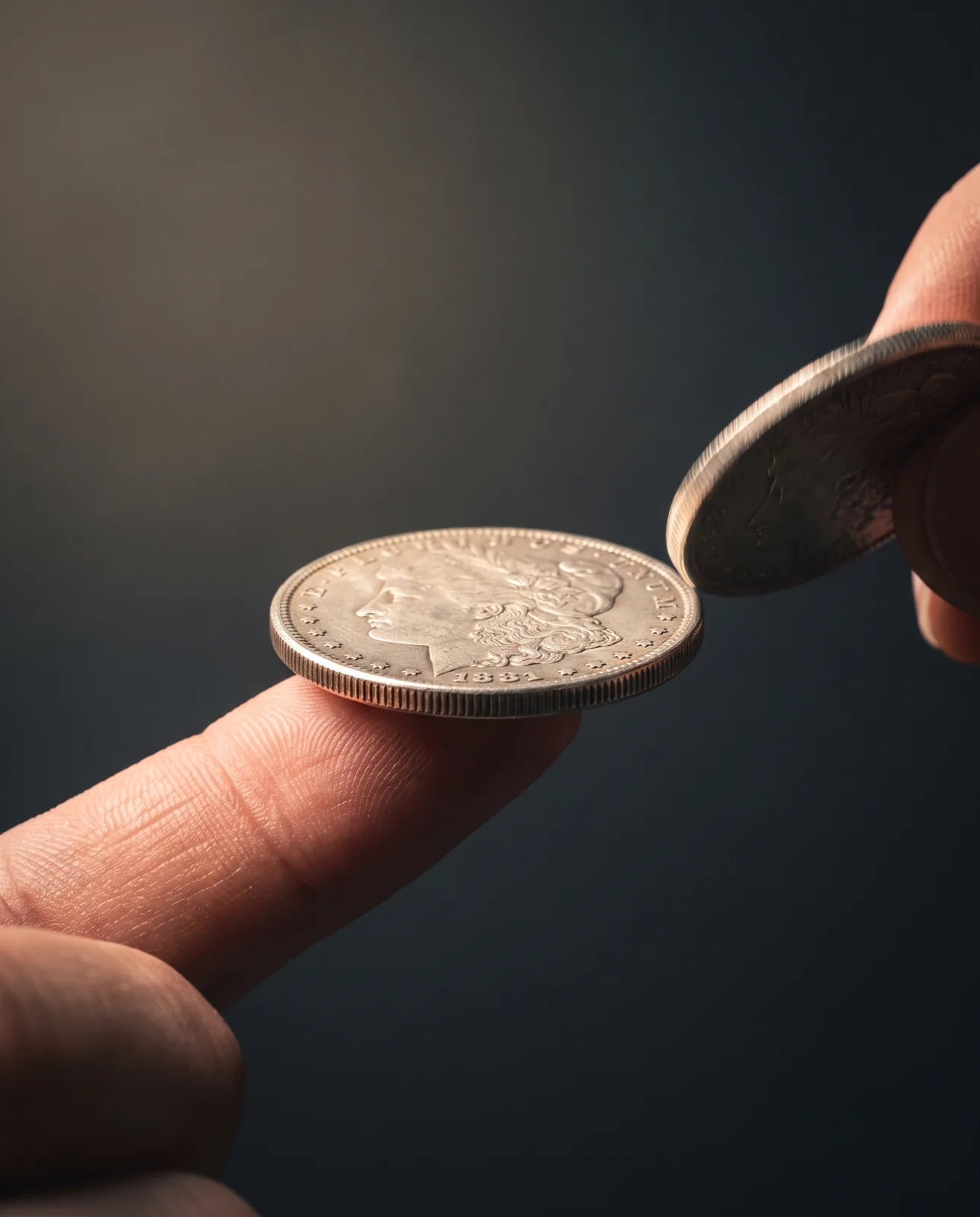 A silver coin balanced on a fingertip being tapped to test its ring