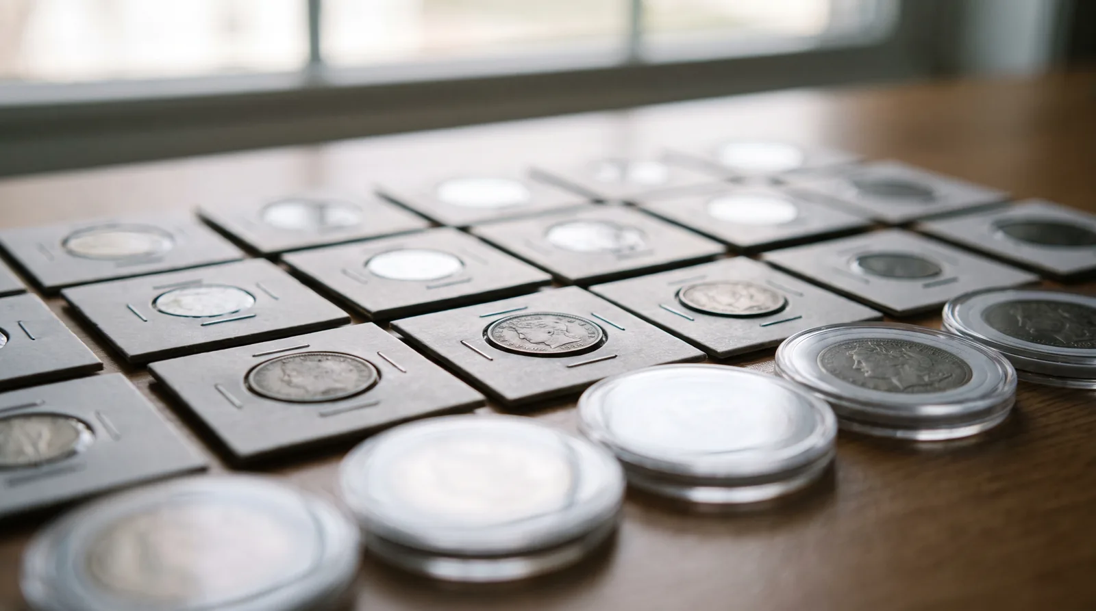 Coins stored in cardboard 2x2 holders and clear air-tight capsules