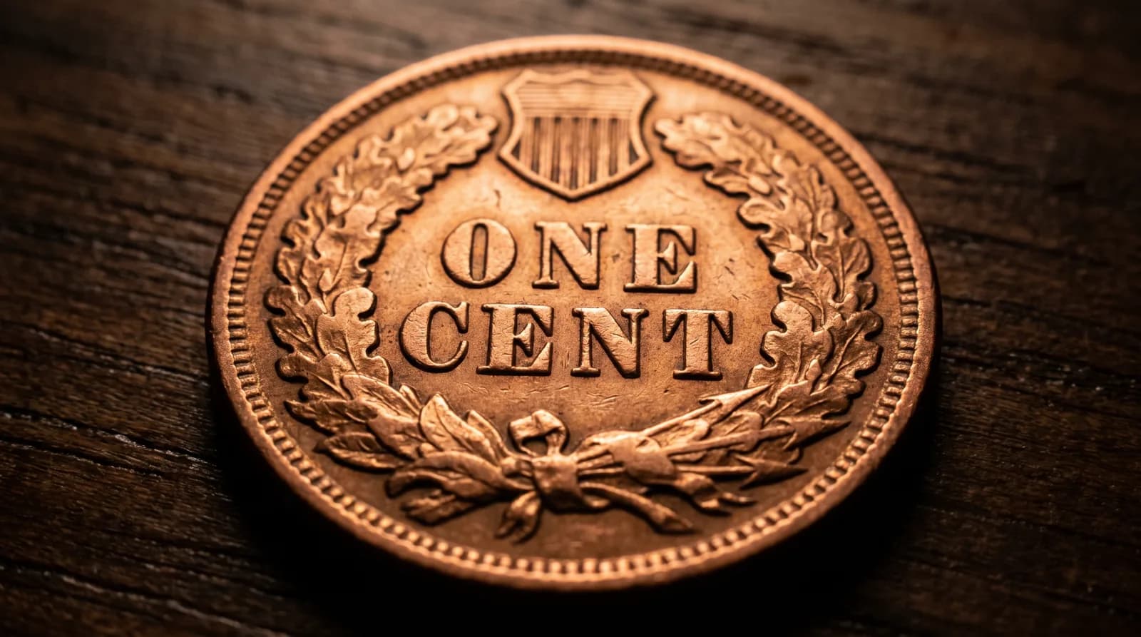 The reverse of an Indian Head cent showing the oak wreath and shield