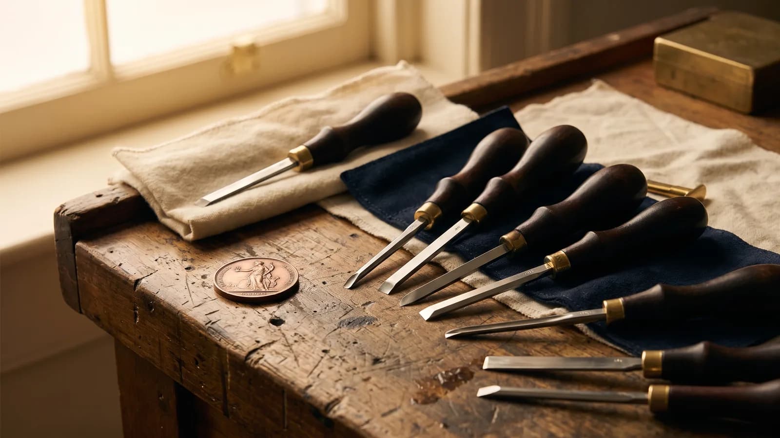 Steel engraving gravers beside a copper medal on a bench