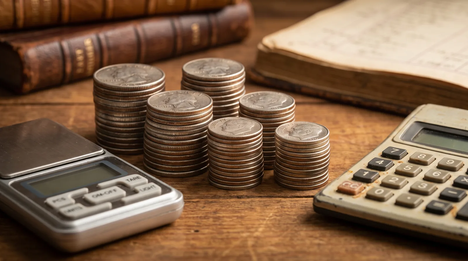Stacked silver coins beside a calculator and a digital scale