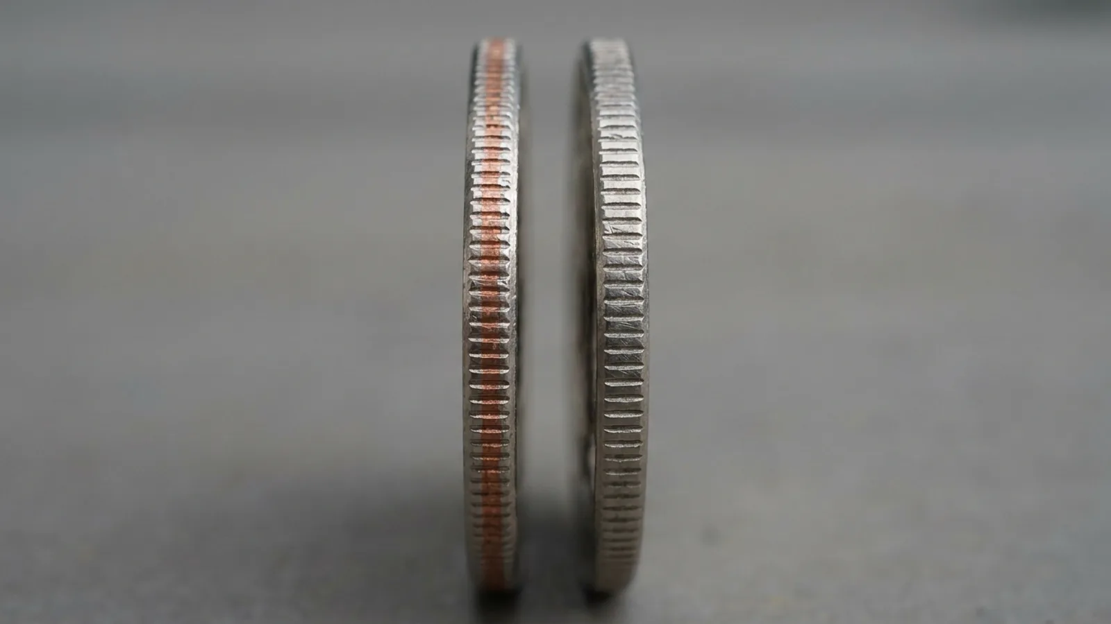 The edge of a half dollar showing the copper stripe of a clad coin versus a solid silver edge