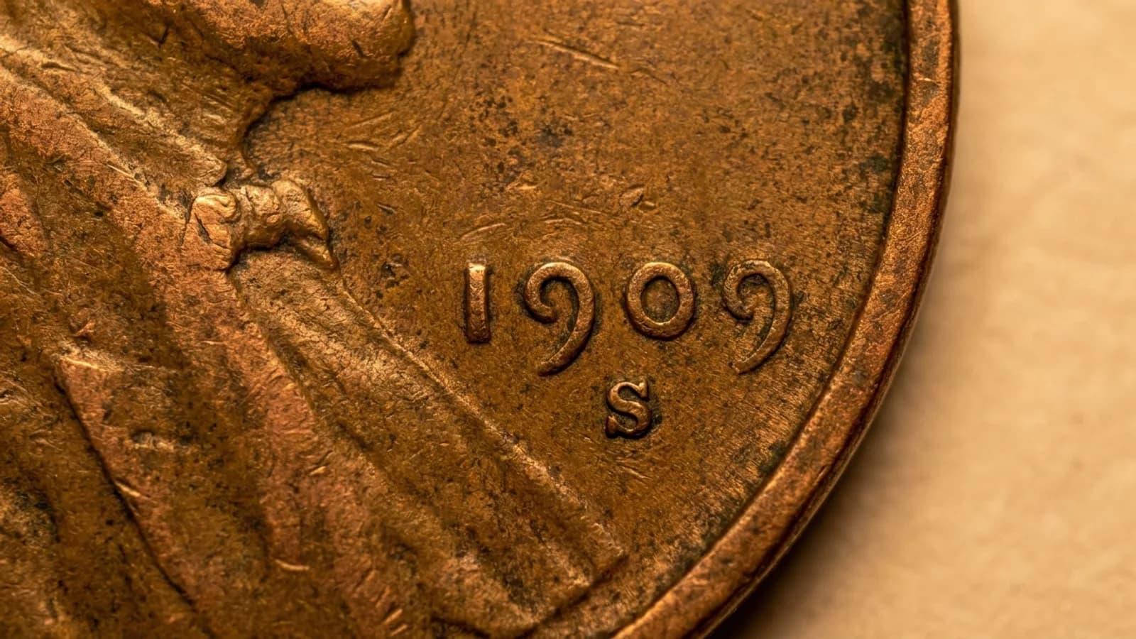 A 1909-S VDB Lincoln cent showing the S mint mark and VDB initials