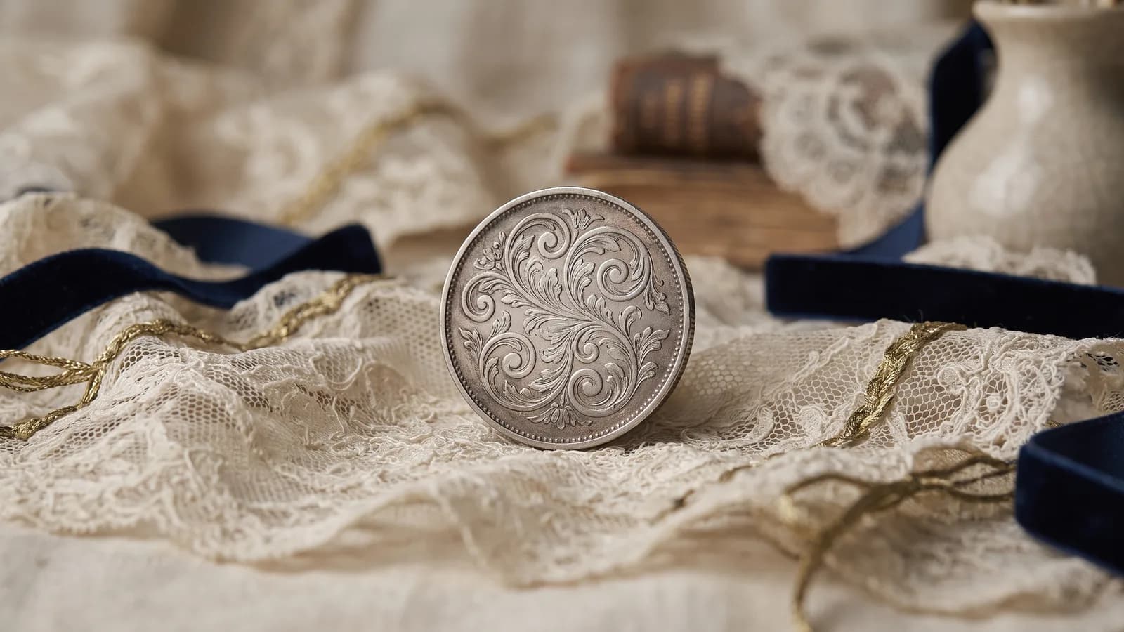 An engraved love token resting on antique lace