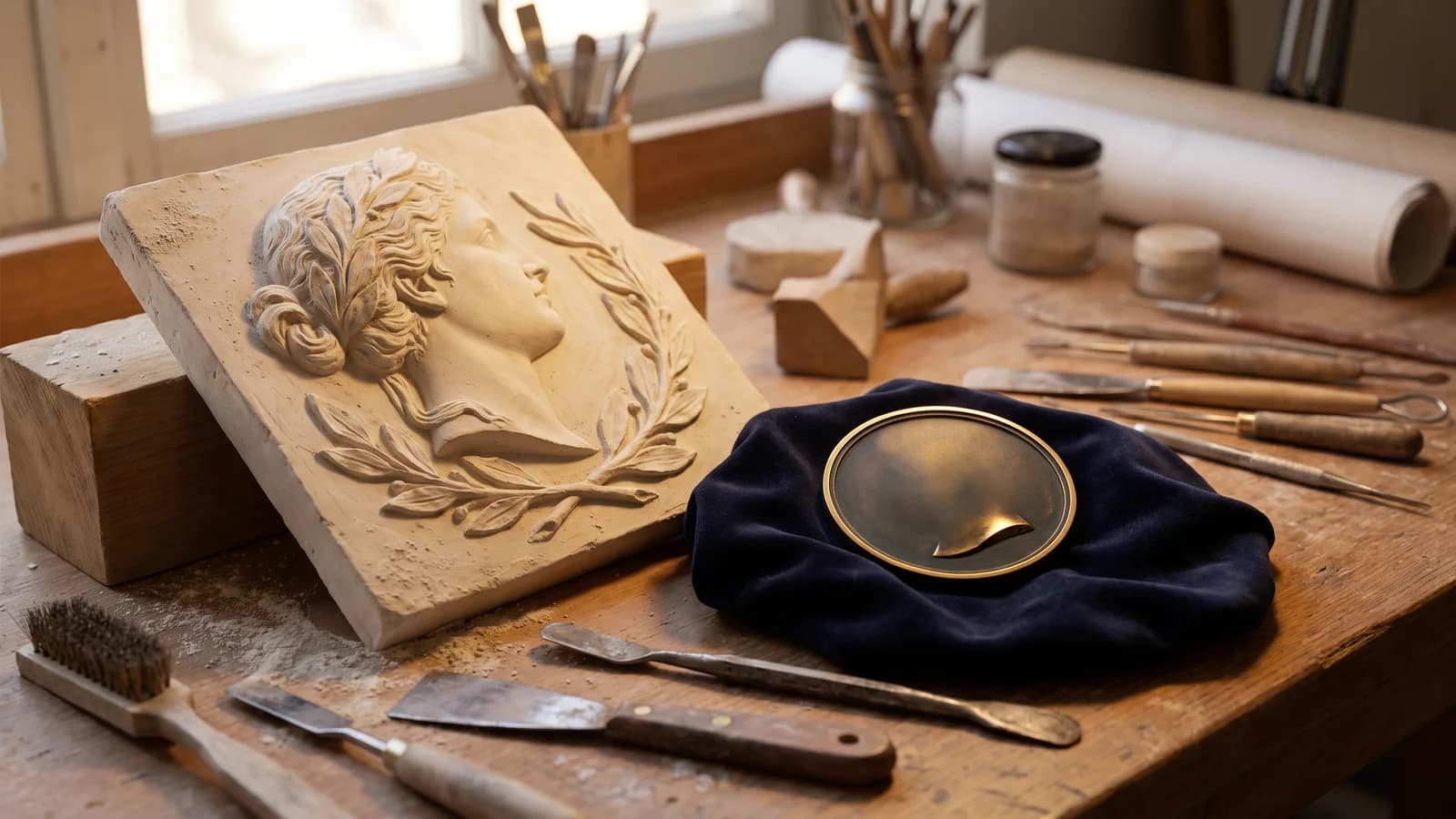 A plaster relief model beside a struck bronze medal