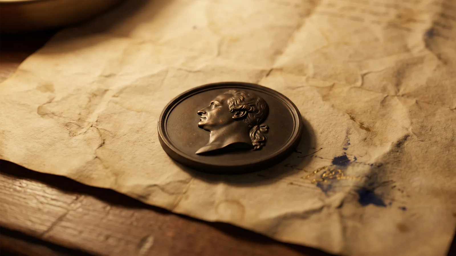 A bronze classical-profile medal on aged parchment