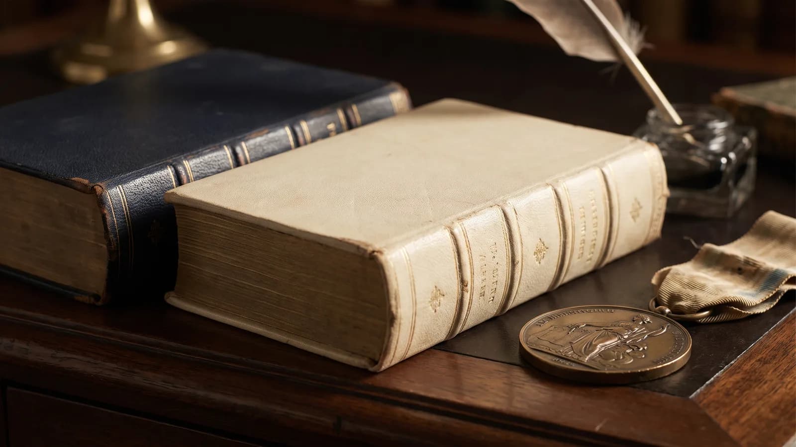 Thick leather reference volumes beside a bronze medal