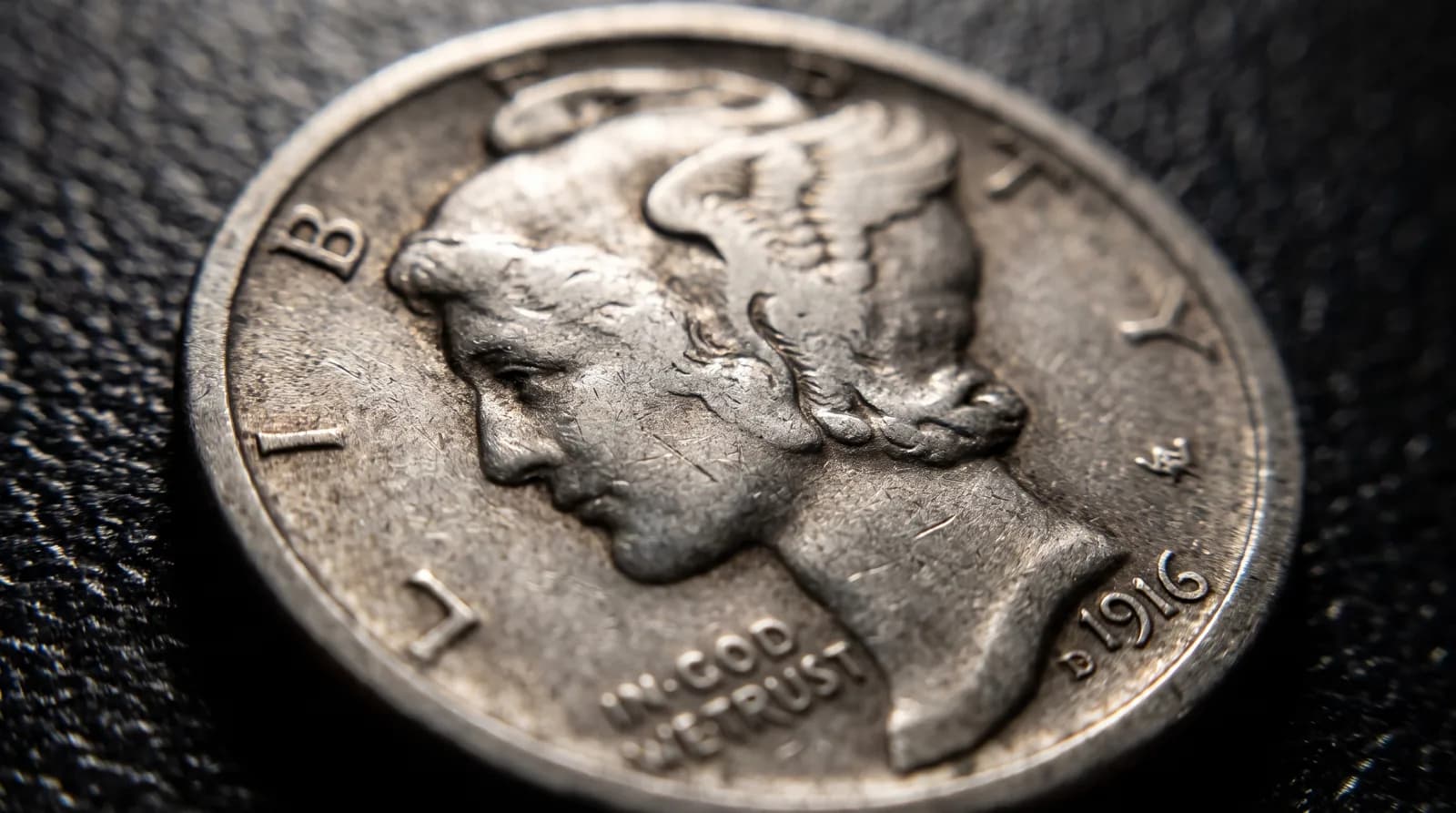 A 1916-D Mercury dime, the key date of the series