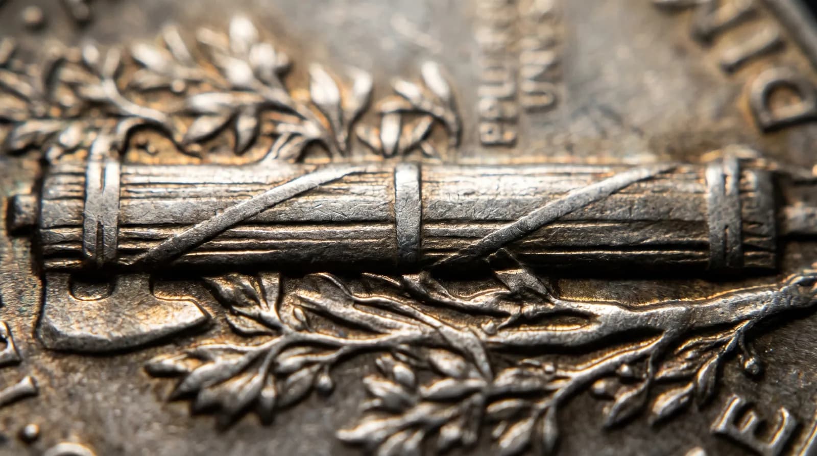 Macro of a Mercury dime reverse fasces showing full split bands