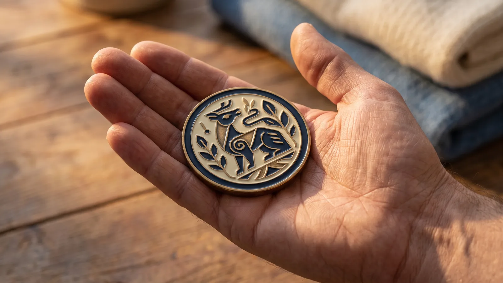 An enameled challenge coin held in an open hand