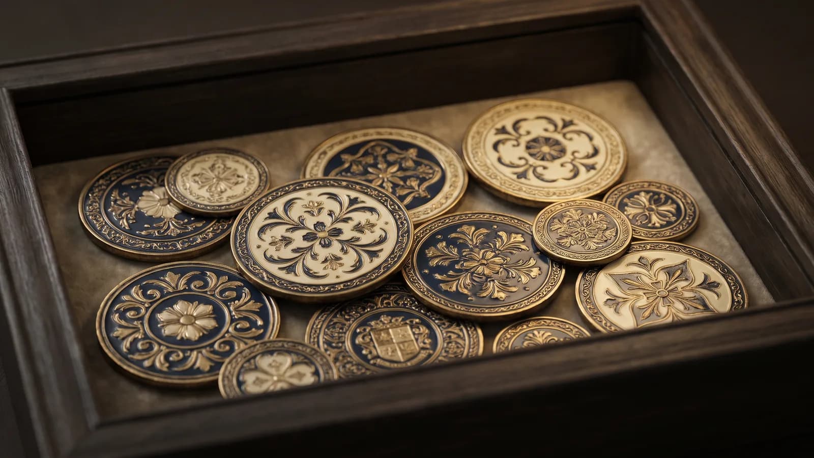 Challenge coins displayed in a shadow box