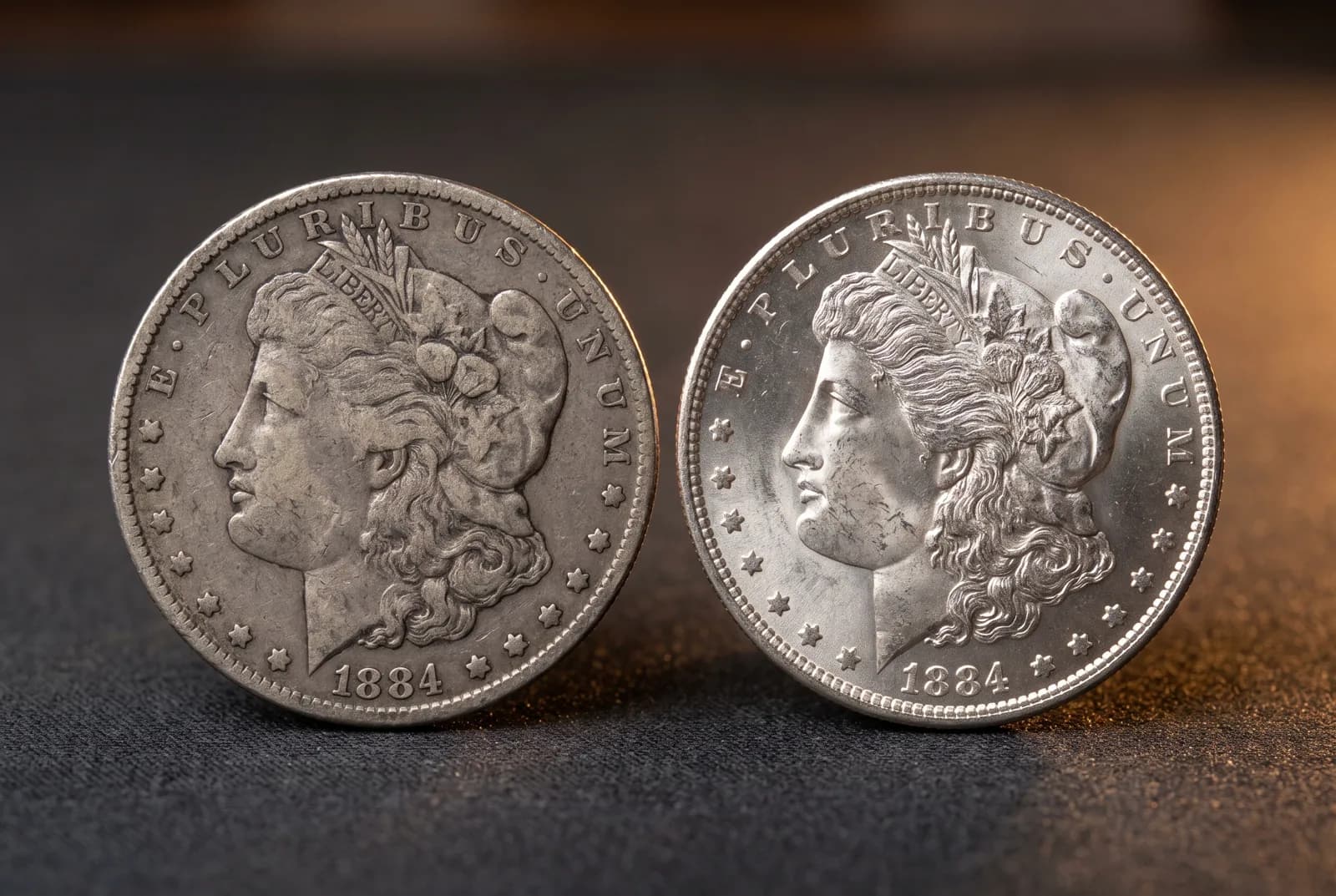 A worn circulated Morgan dollar beside a lustrous uncirculated example
