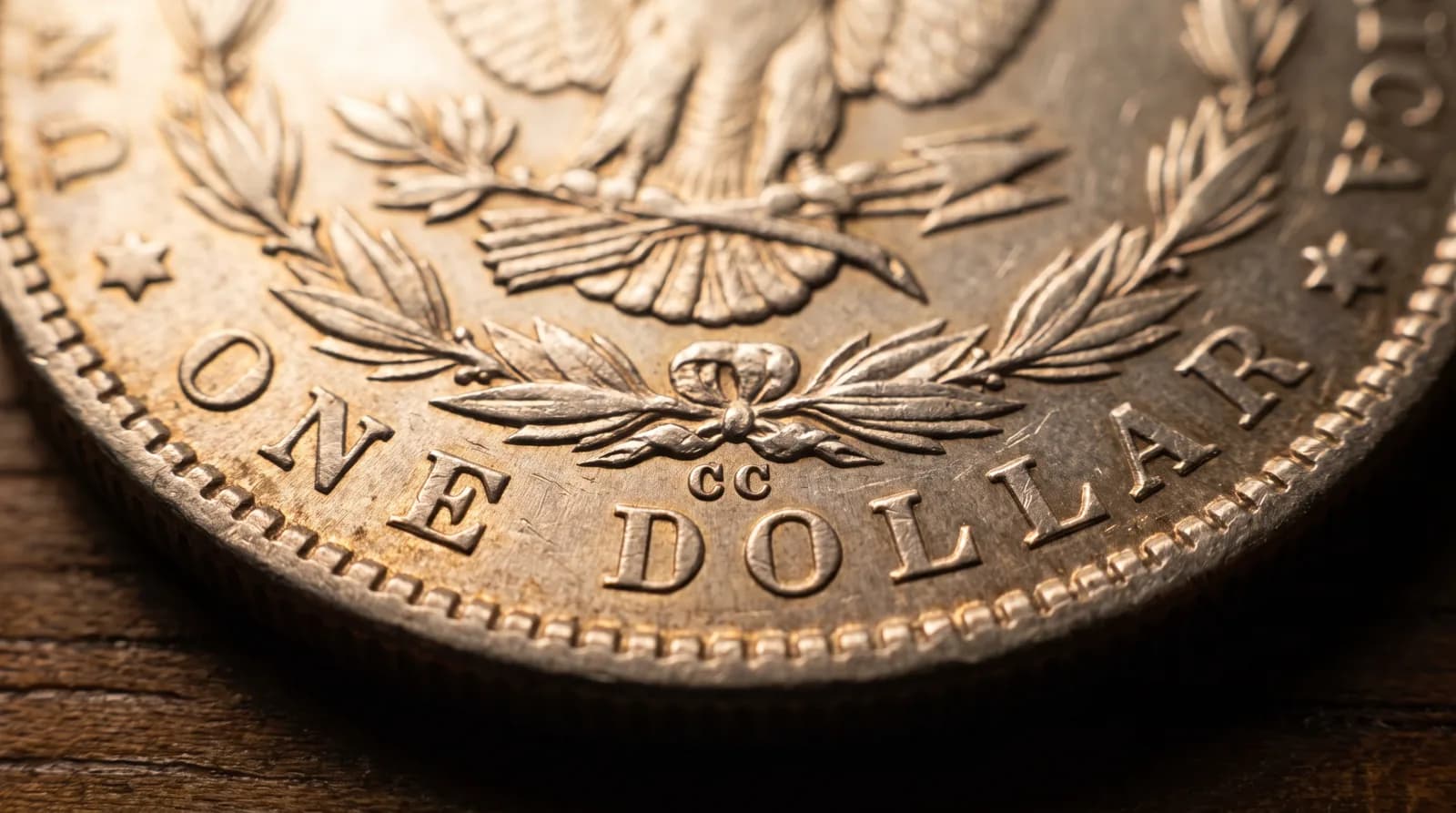 The reverse of a Morgan dollar showing the mint mark below the eagle
