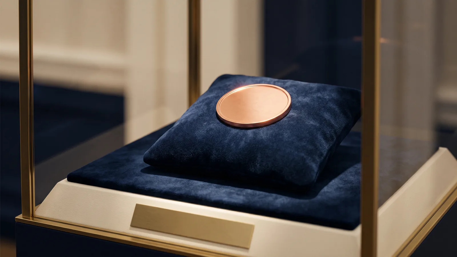 A single token on a navy velvet pillow under a spotlight