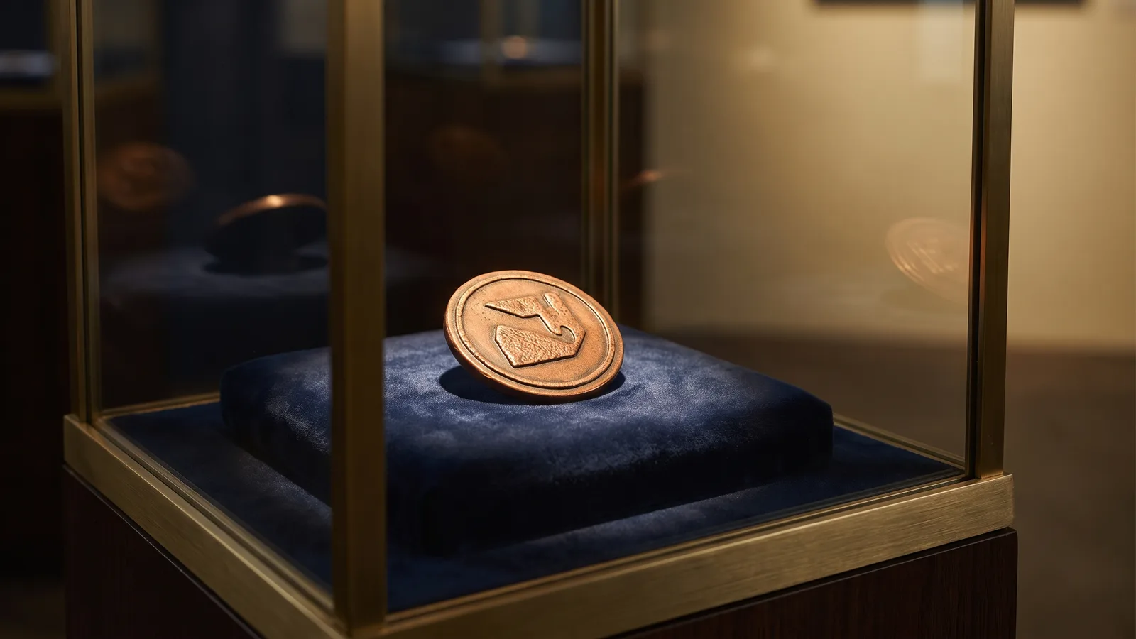 A fine large token on a velvet pillow under a spotlight
