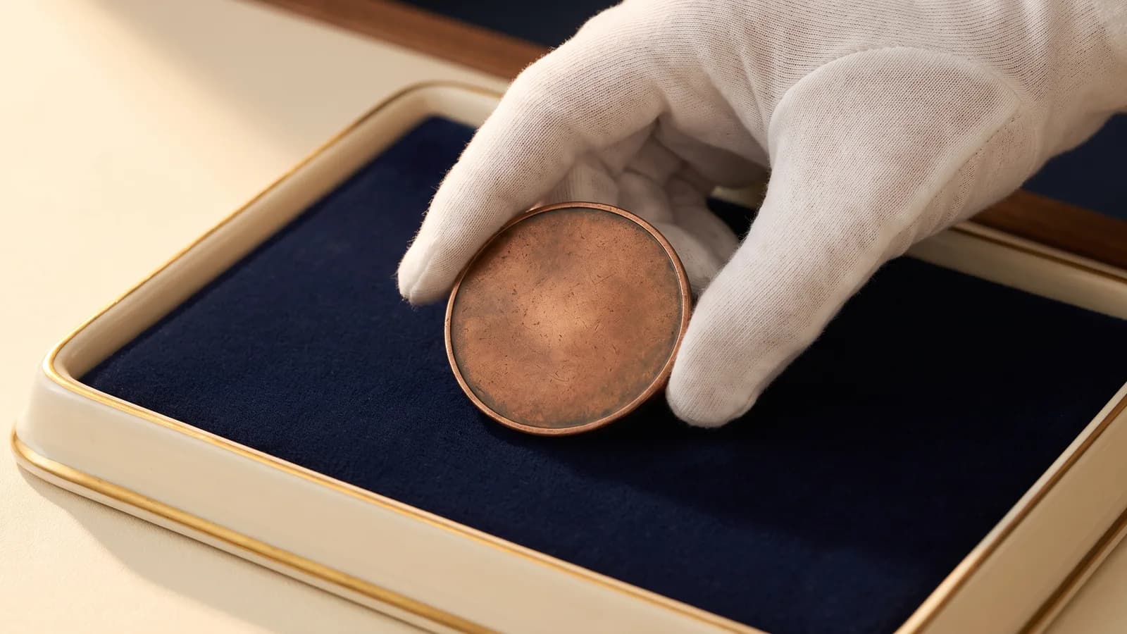 A gloved hand presenting a large token over a tray