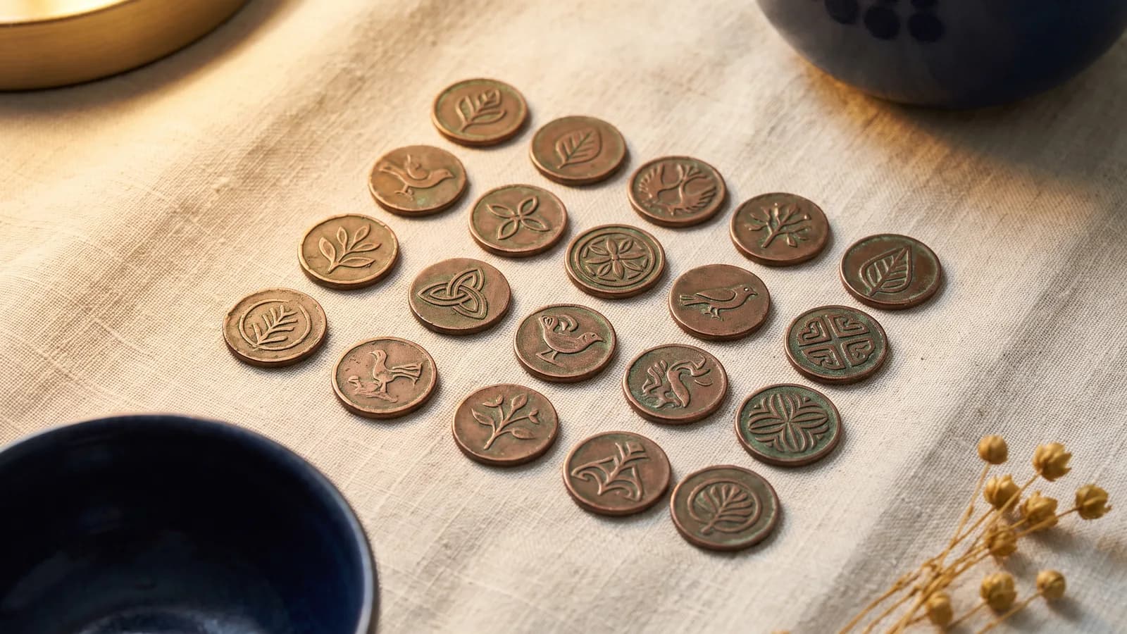 A grid of copper tokens with varied relief designs on linen
