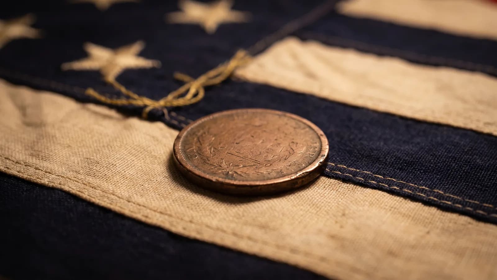 A small copper token resting on the stripes of a furled antique flag