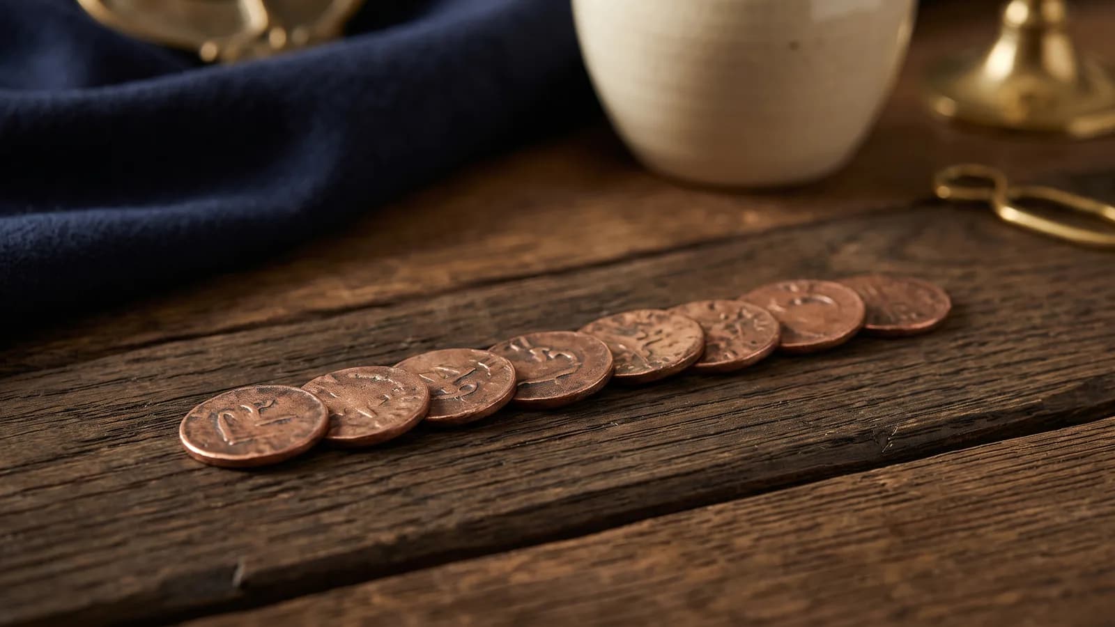 Several copper tokens arranged in a row on weathered oak