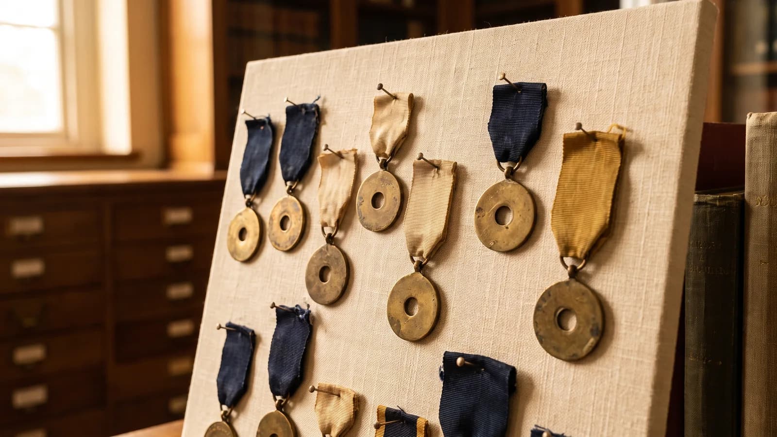 Holed brass medalets with ribbons pinned to a board