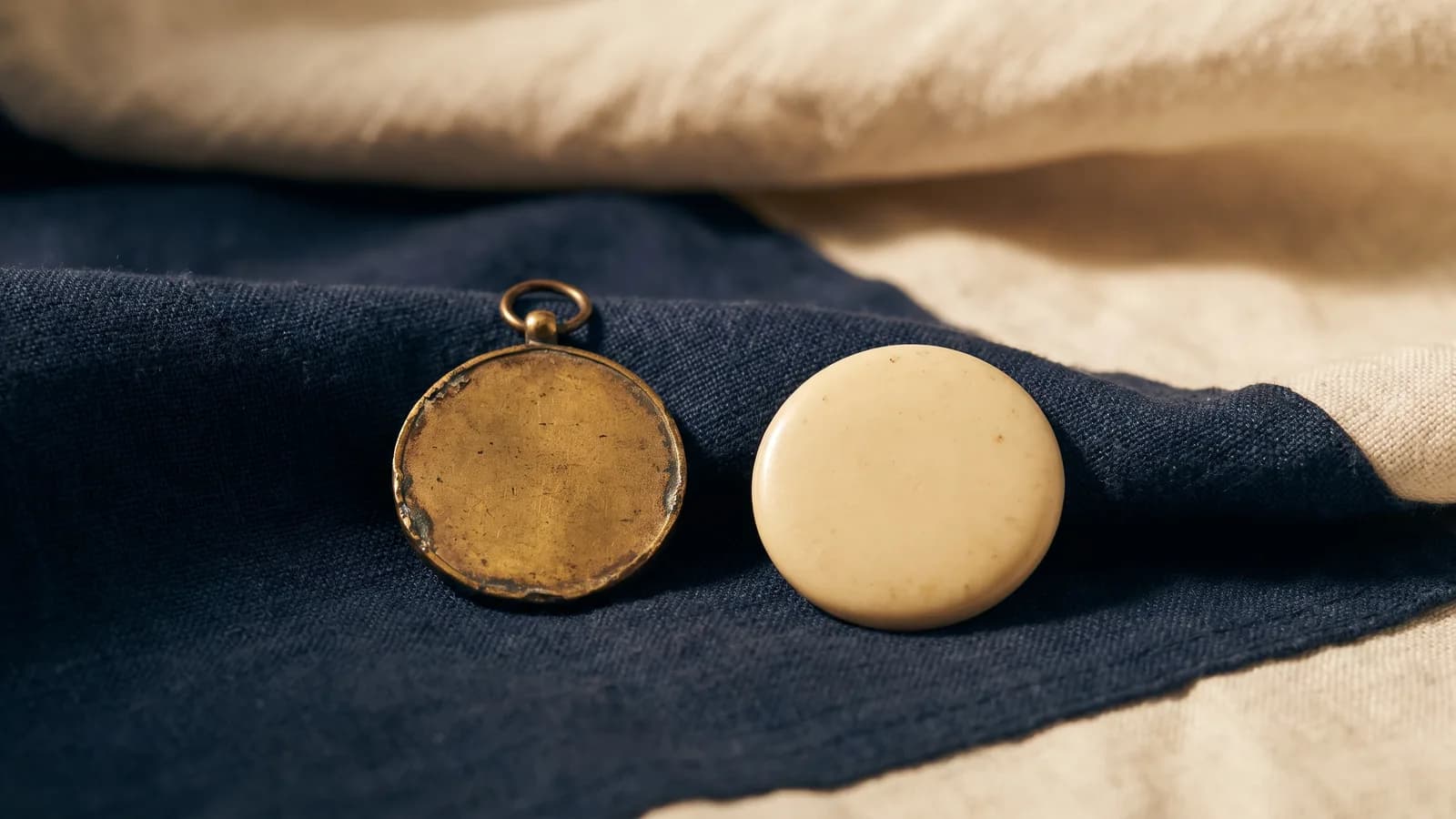 A brass medalet beside a plain celluloid pinback button