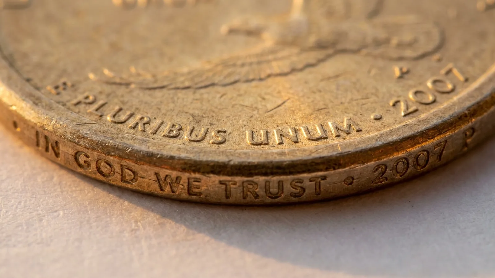 The lettered edge of a Presidential dollar showing the date and mottos