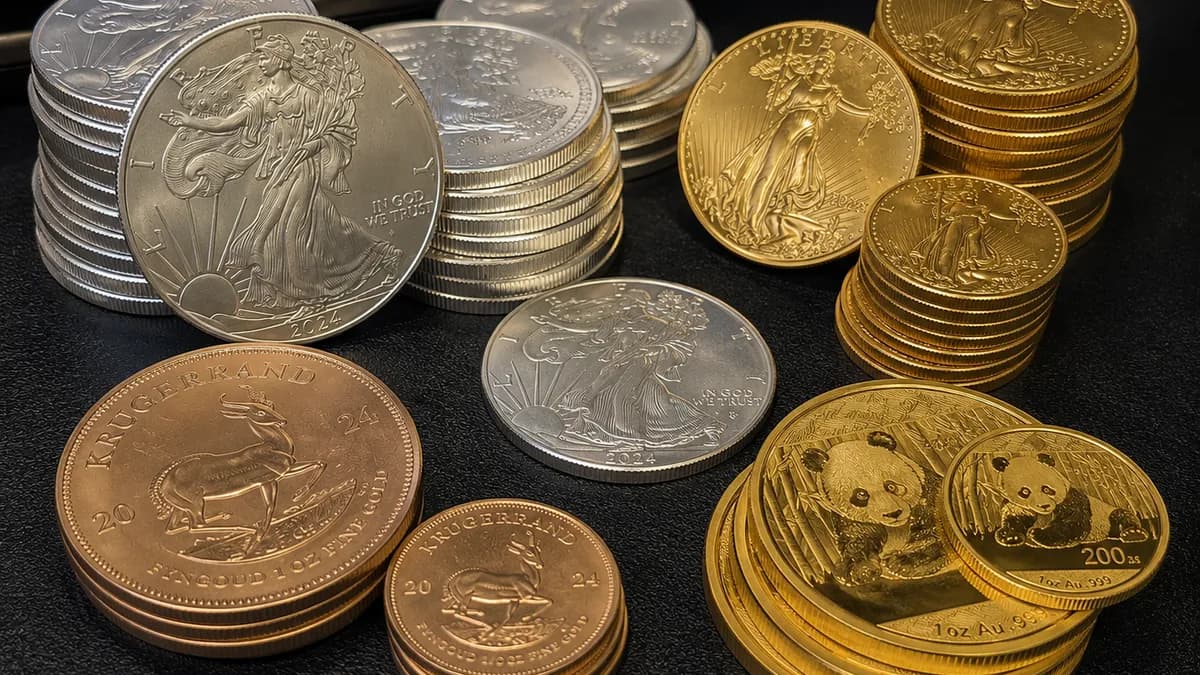 Stacked silver bars and government bullion coins beside a digital scale