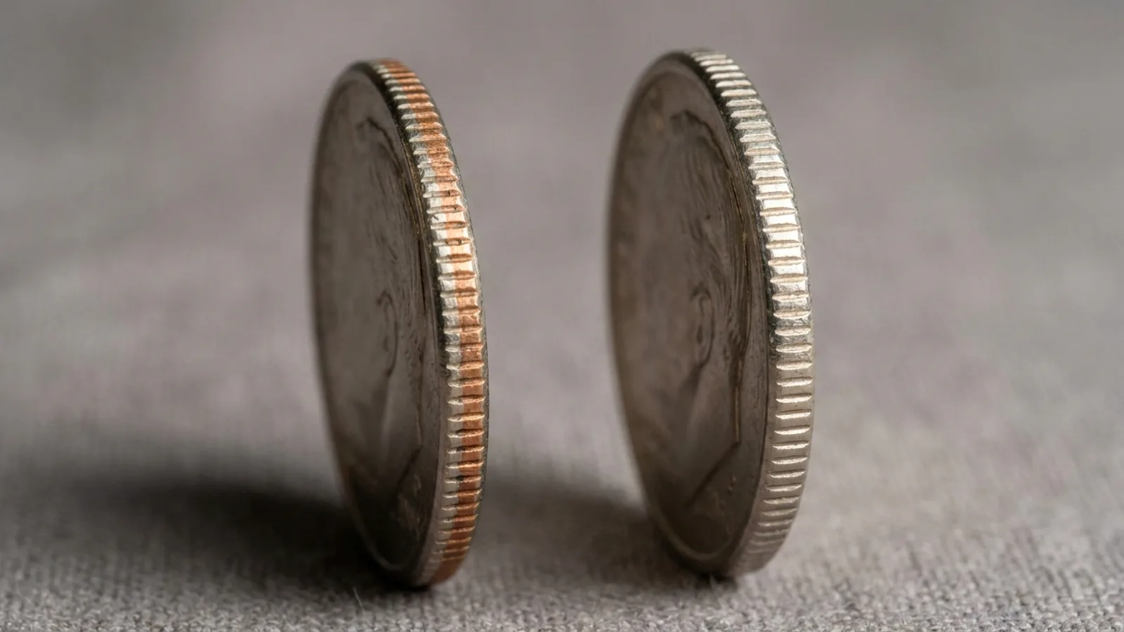 The edge of a dime showing the copper stripe of a clad coin versus a solid silver edge
