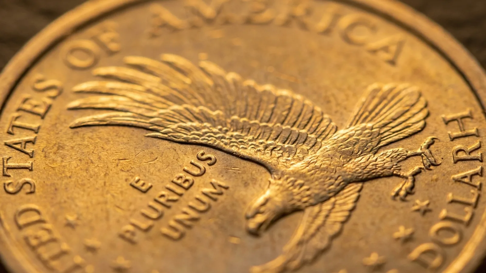 A Sacagawea dollar reverse showing the detailed eagle tail feathers of the Cheerios variety
