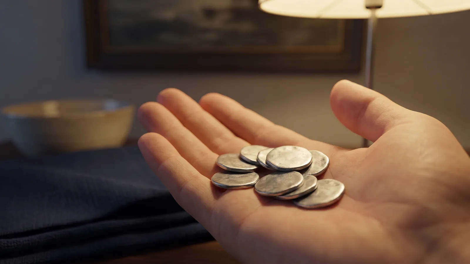 Tiny aluminum mill tokens resting in an open palm