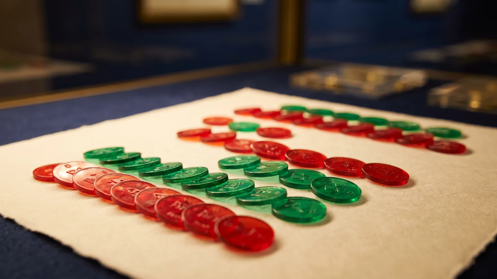 Colorful plastic tax tokens sorted in rows