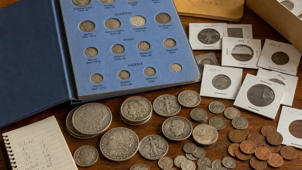 Trays of sorted coins grouped by denomination before an appraisal