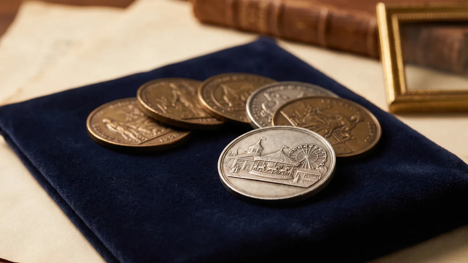 Dollar-sized exposition medals fanned across velvet